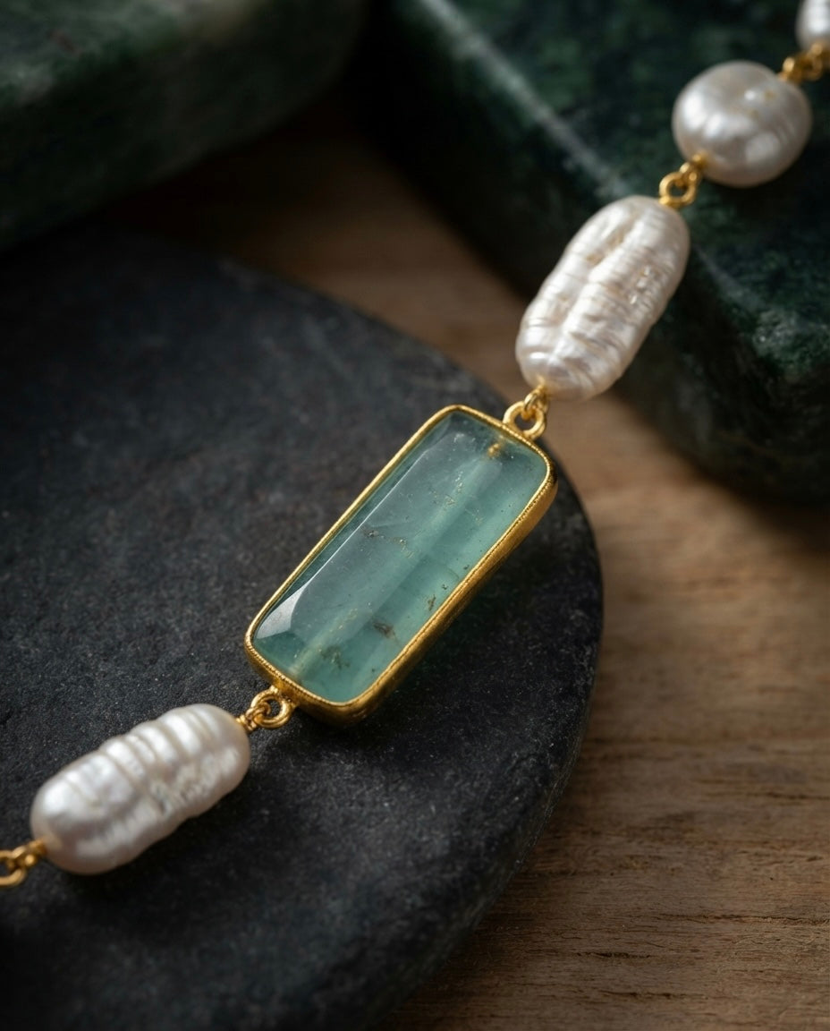 Aqua Blue Stone & Pearl Necklace Set — Photo 3