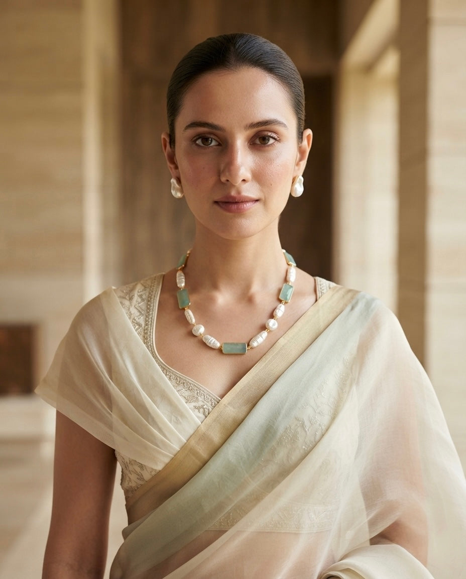 Aqua Blue Stone & Pearl Necklace Set — Photo 4