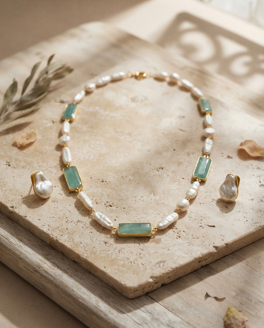 Aqua Blue Stone & Pearl Necklace Set — Photo 5
