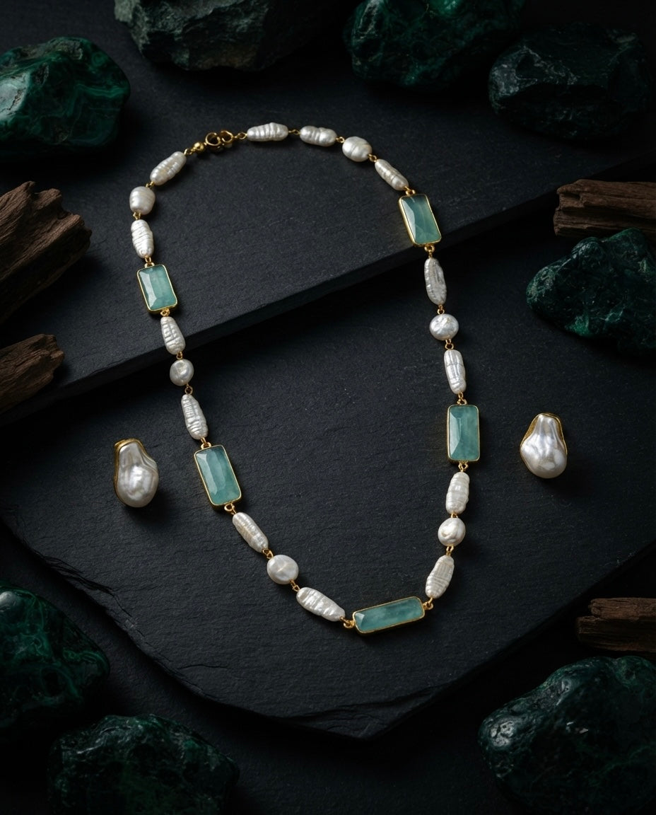 Aqua Blue Stone & Pearl Necklace Set — Photo 6