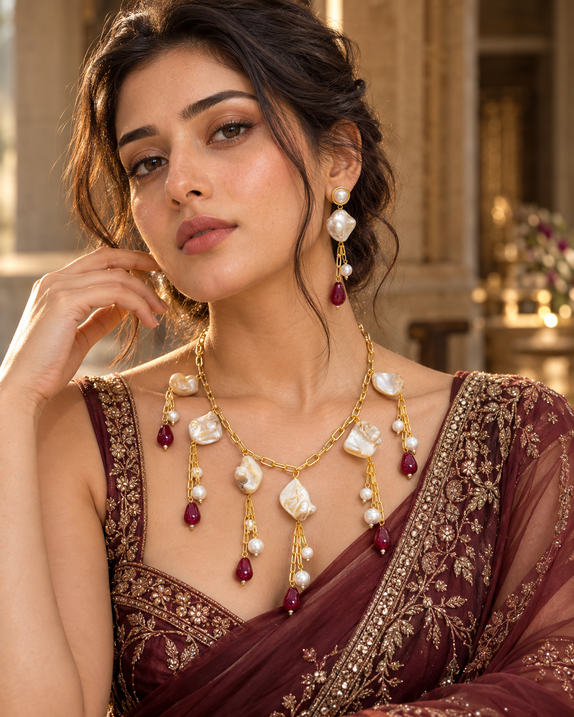 Pearl & Ruby-Tone Charm Necklace Set — Photo 3