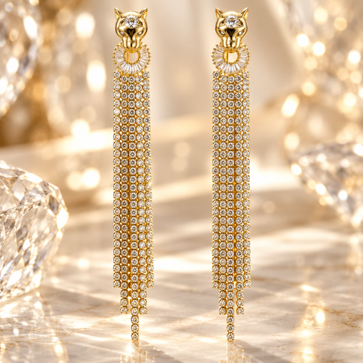 Panthère gold tassel earrings with cascading crystal fringe - View 3