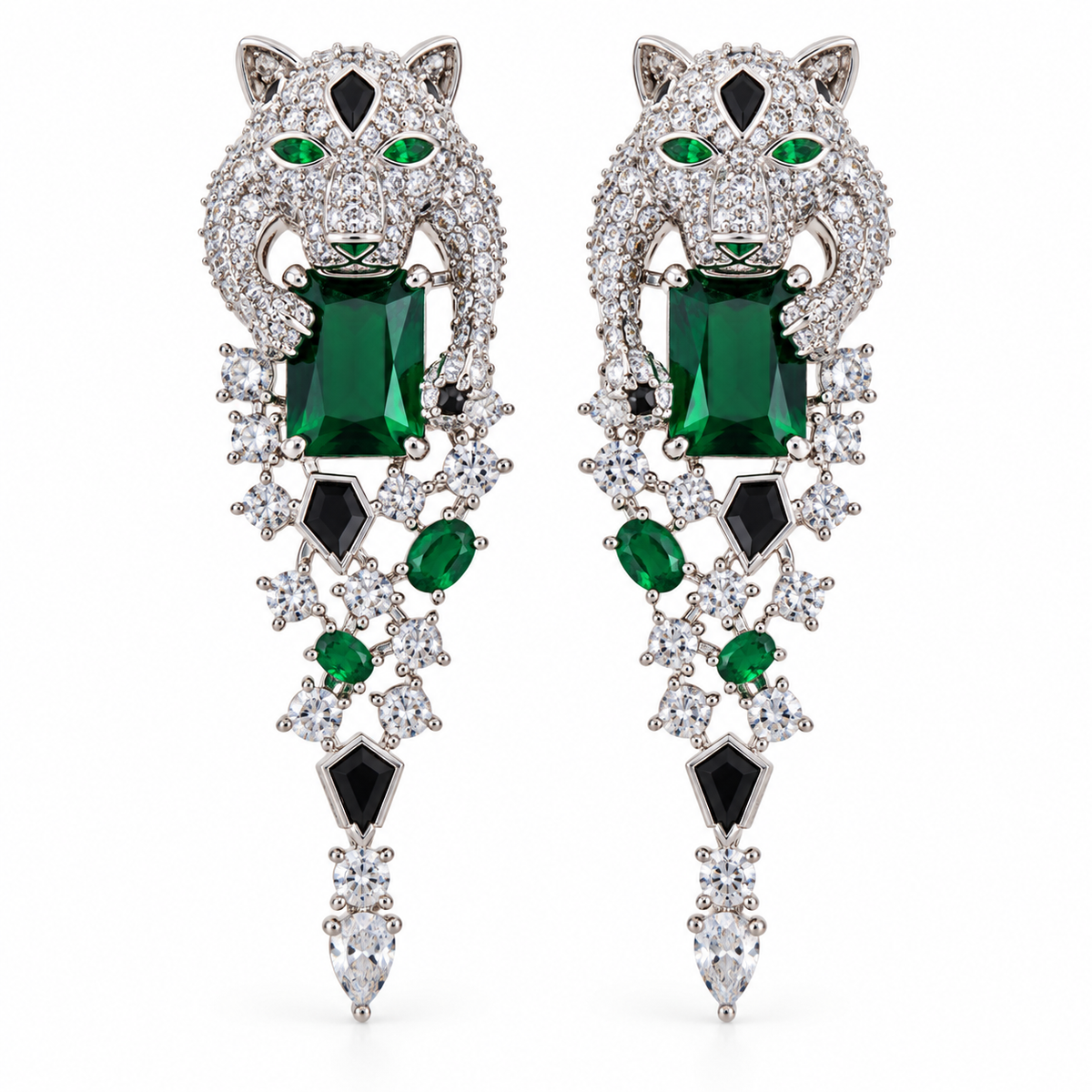 Panthère silver drop earrings with emerald cut green crystal on pure white background