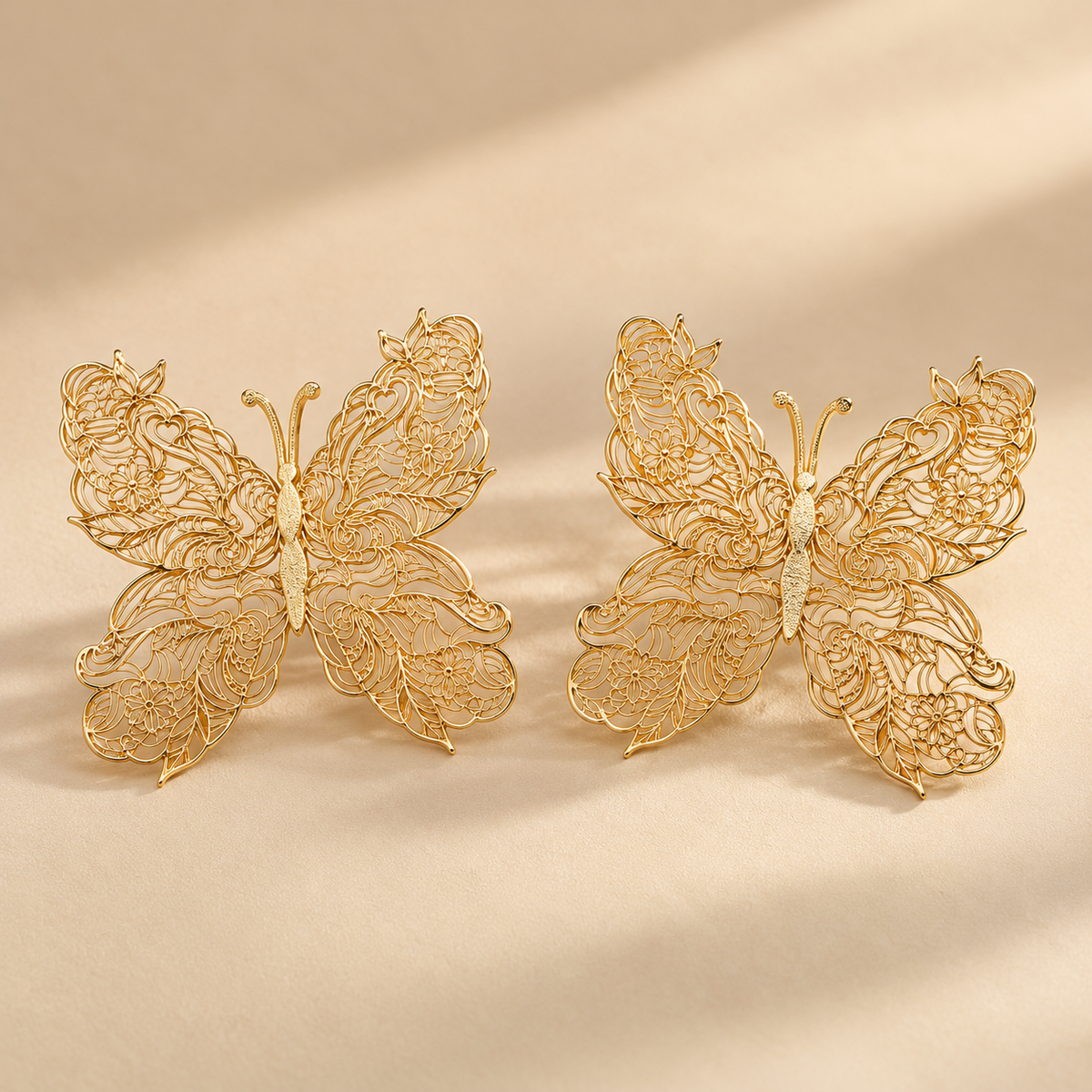 Ethereal filigree butterfly wing gold statement earrings - View 2