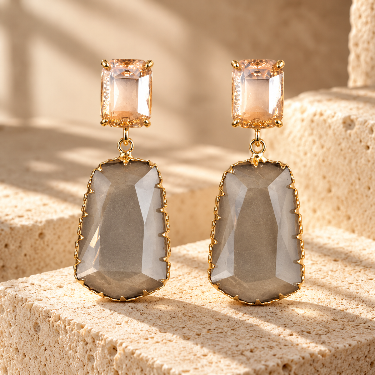 Champagne and smoky quartz faceted crystal drop earrings - View 4