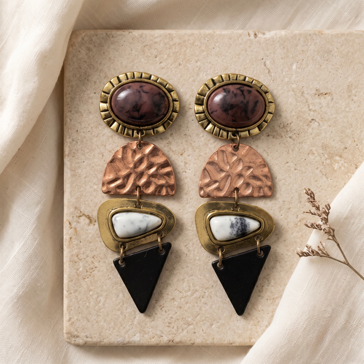 Boho four-tier marbled stone and geometric mixed-metal statement earrings - View 3