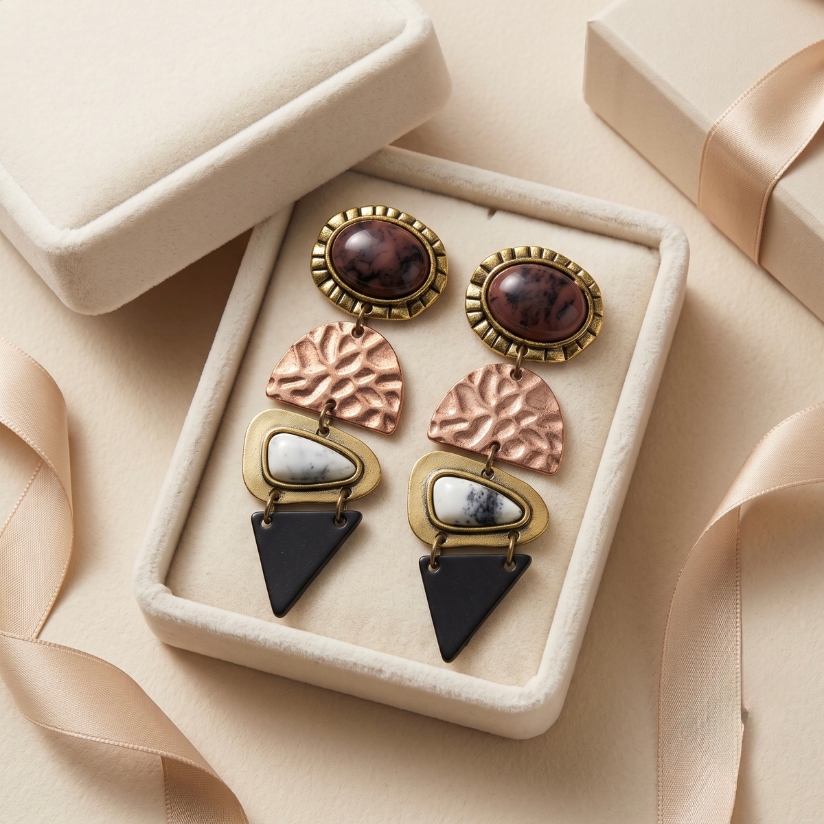Boho four-tier marbled stone and geometric mixed-metal statement earrings - View 5