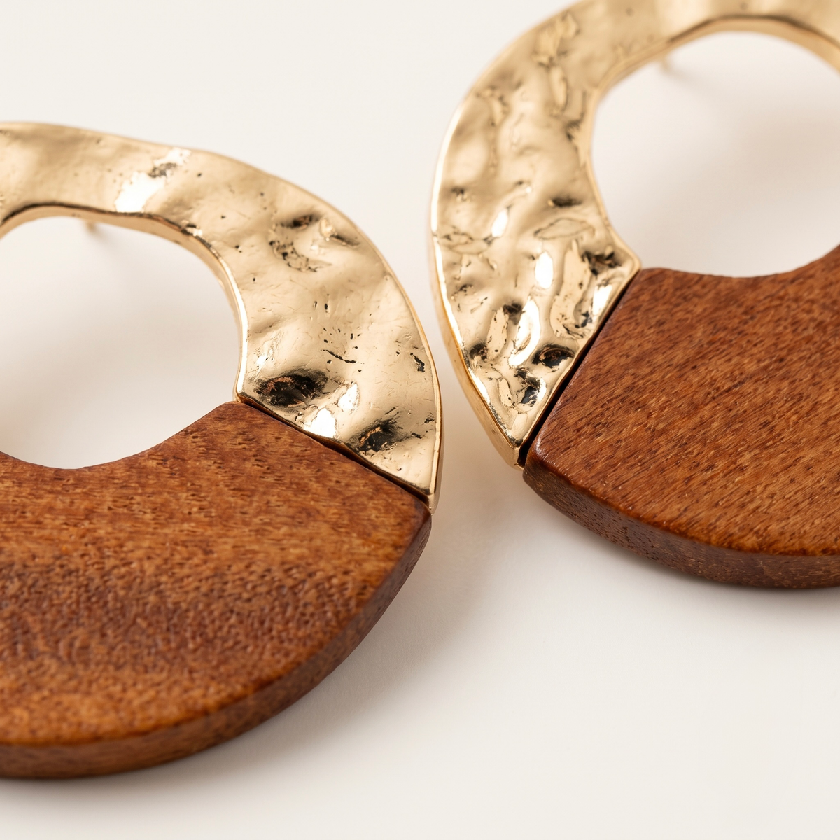 Hammered gold and natural teak wood circular statement earrings - View 2