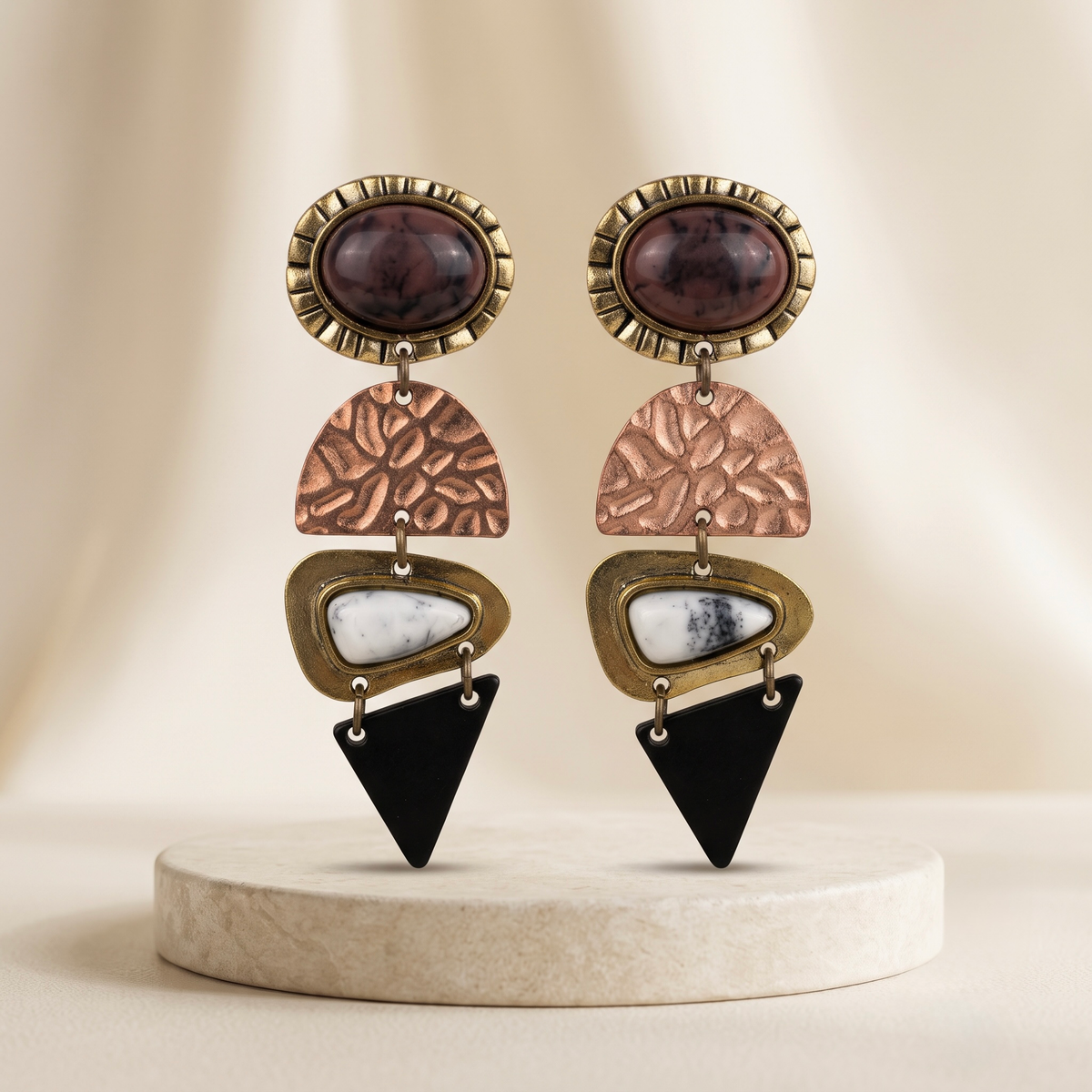 Boho four-tier marbled stone and geometric mixed-metal statement earrings - View 4