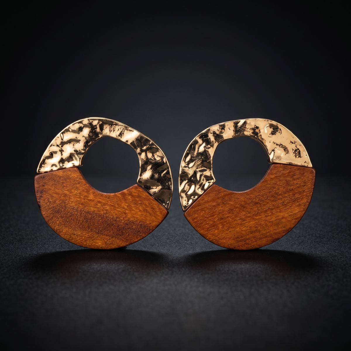 Hammered gold and natural teak wood circular statement earrings - View 7
