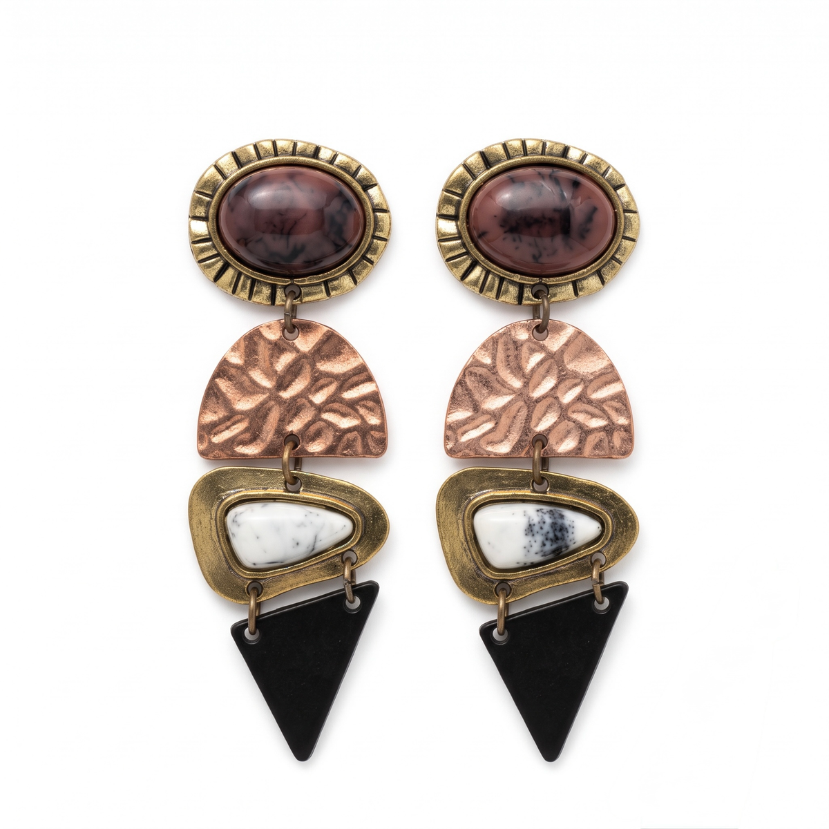 Boho four-tier marbled stone and geometric mixed-metal statement earrings on pure white background