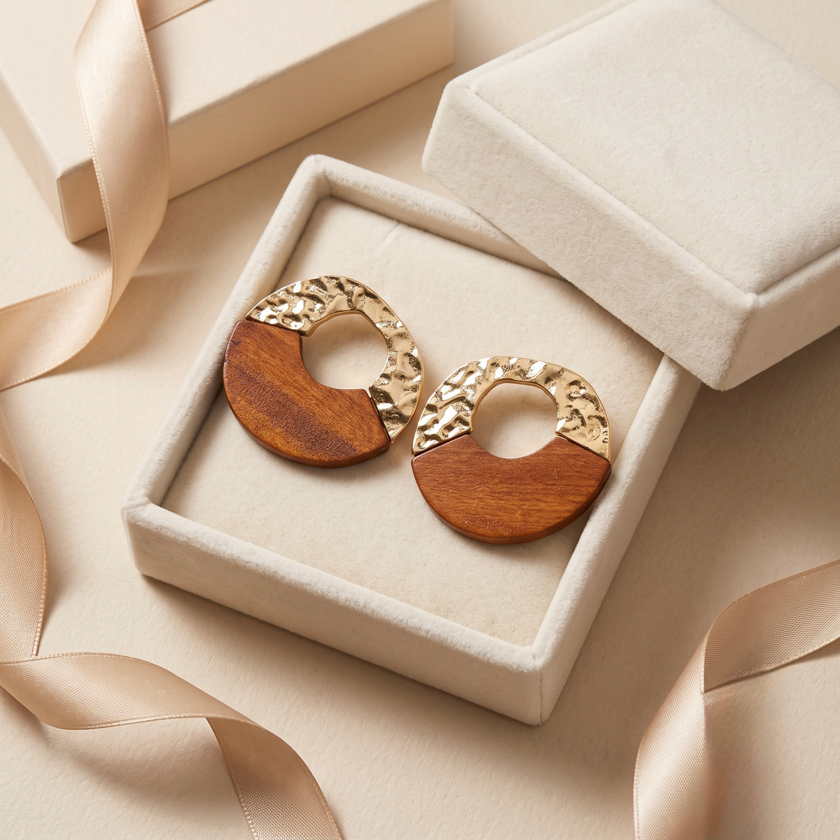 Hammered gold and natural teak wood circular statement earrings - View 4