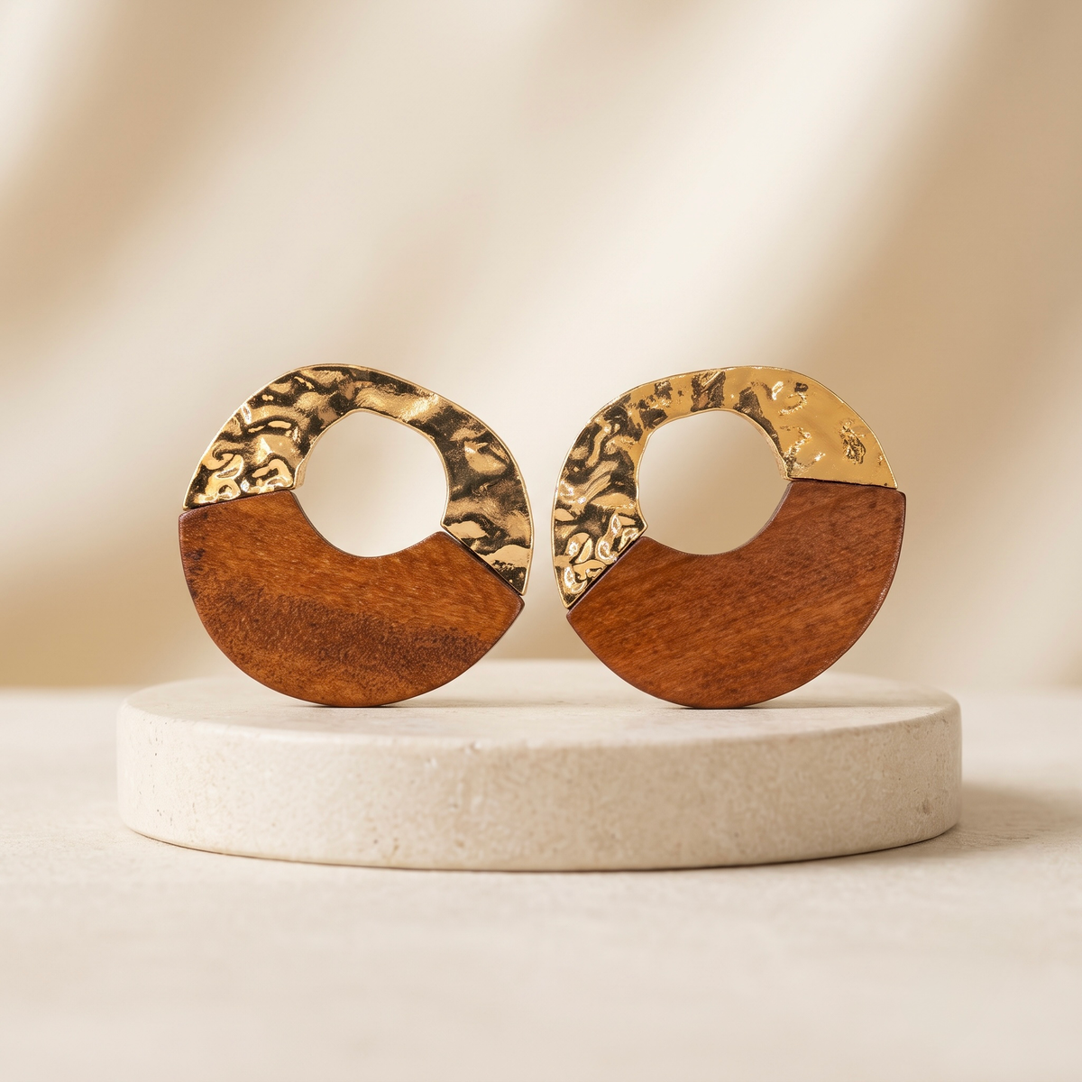 Hammered gold and natural teak wood circular statement earrings - View 5