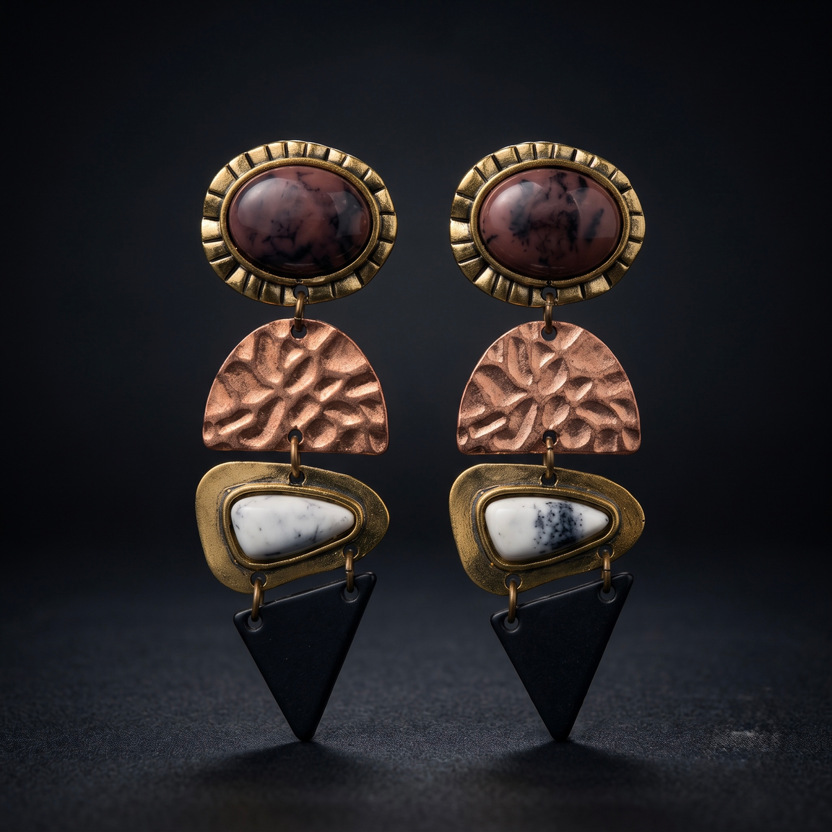 Boho four-tier marbled stone and geometric mixed-metal statement earrings - View 7
