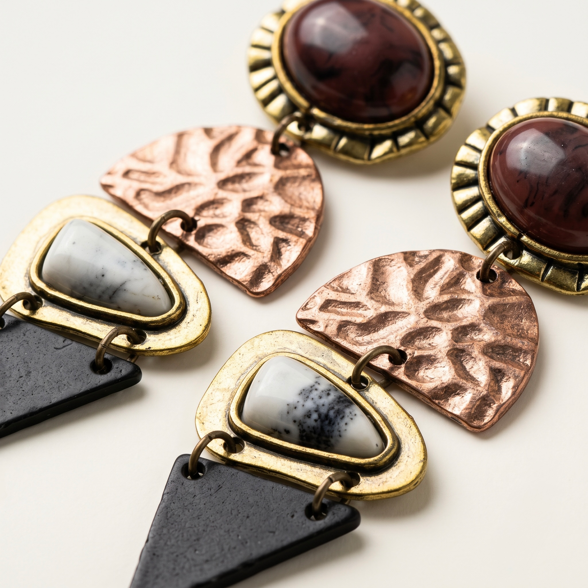 Boho four-tier marbled stone and geometric mixed-metal statement earrings - View 2