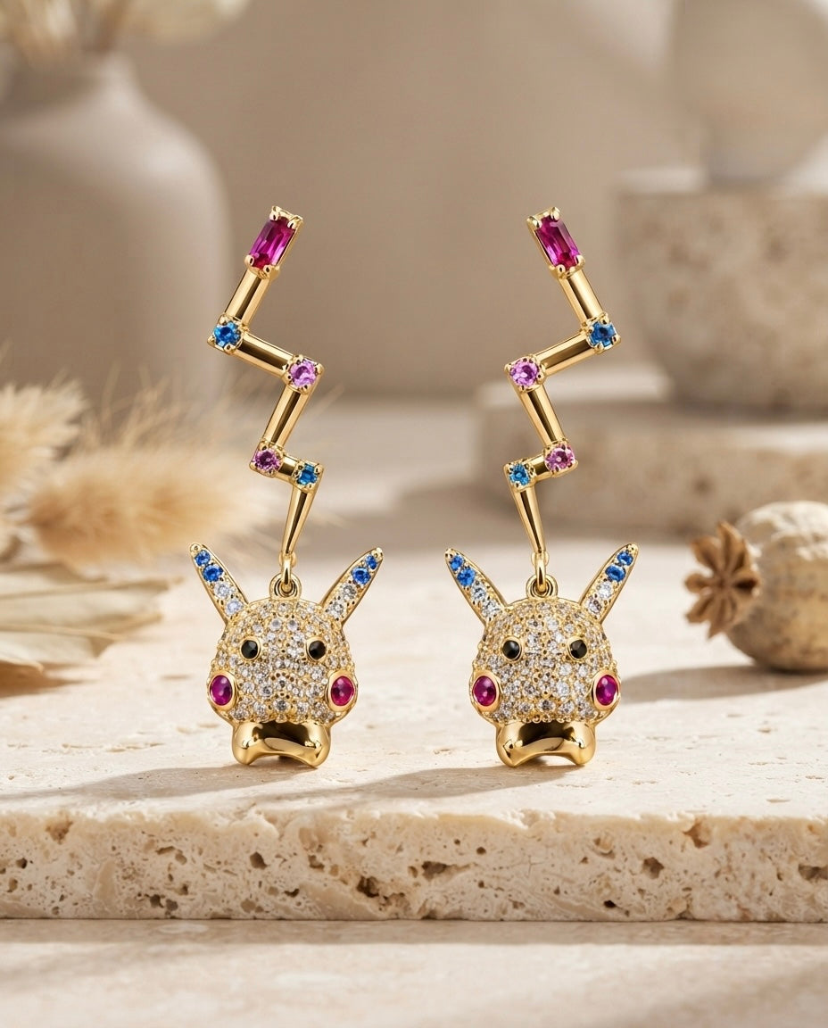 Pikachu Crystal Pavé & Lightning Bolt Drop Earrings – Gold