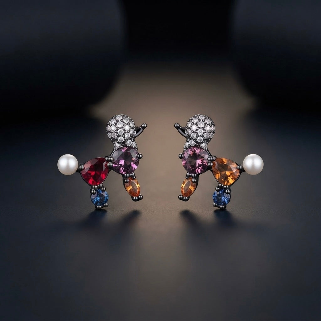 Playful Poodle Multicolor Crystal & Pearl Stud Earrings – Gunmetal