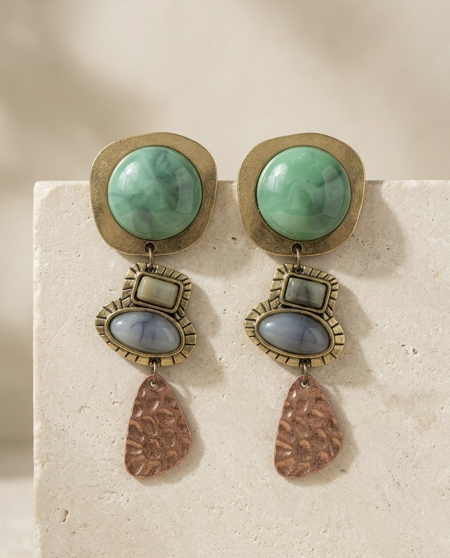 Artisanal three-tier jade and hammered copper mixed-metal drop earrings - View 4