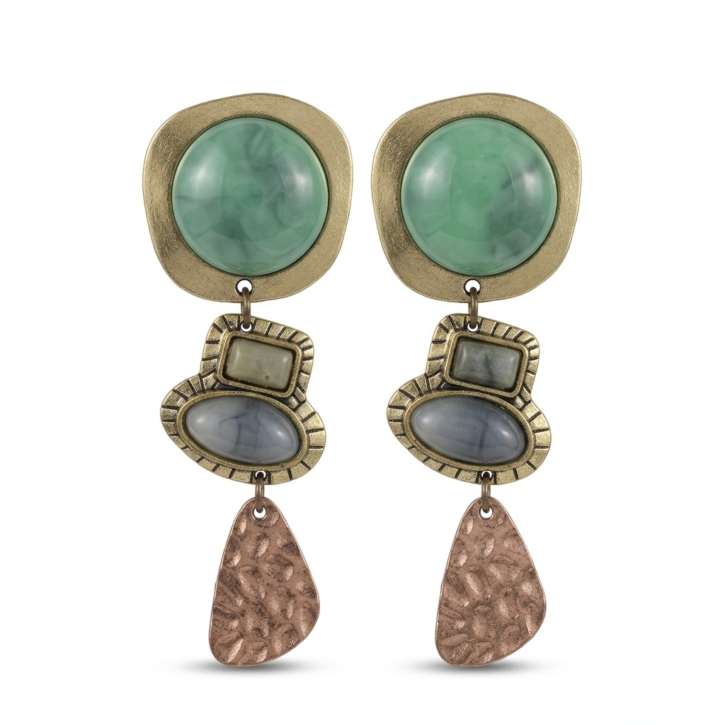 Artisanal three-tier jade and hammered copper mixed-metal drop earrings on pure white background