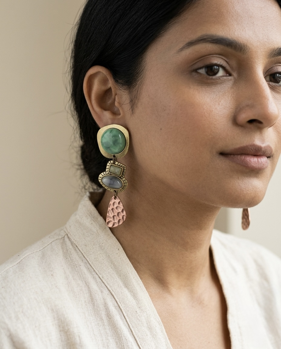 Artisanal three-tier jade and hammered copper mixed-metal drop earrings - View 2