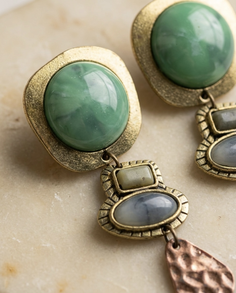 Artisanal three-tier jade and hammered copper mixed-metal drop earrings - View 3