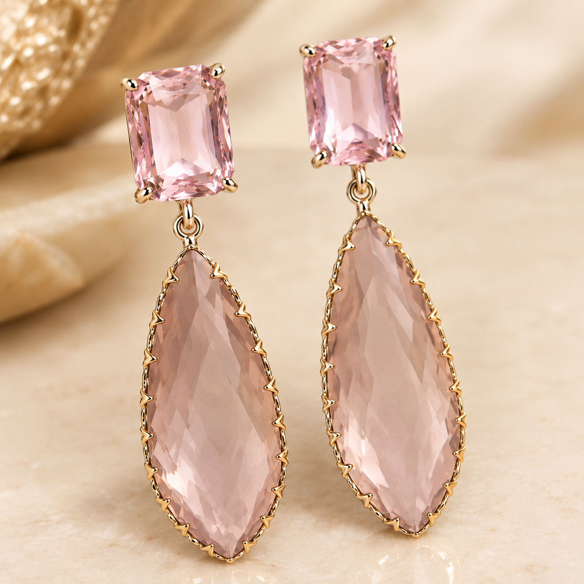 Blush peach morganite marquise faceted crystal drop earrings in gold - View 2