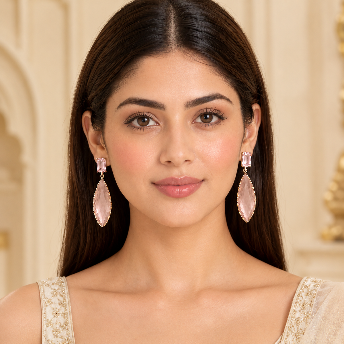 Blush peach morganite marquise faceted crystal drop earrings in gold - View 4