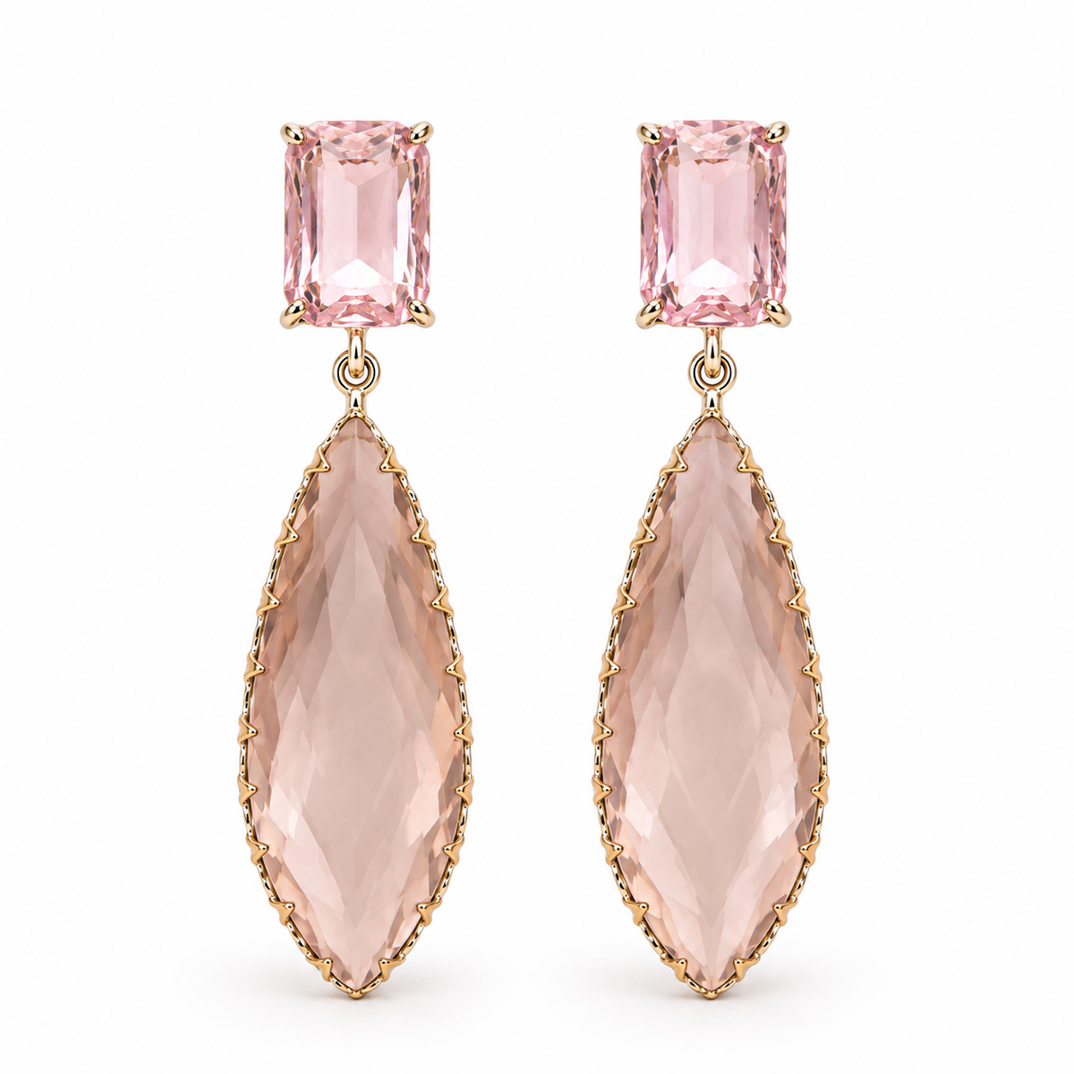 Blush peach morganite marquise faceted crystal drop earrings in gold on pure white background