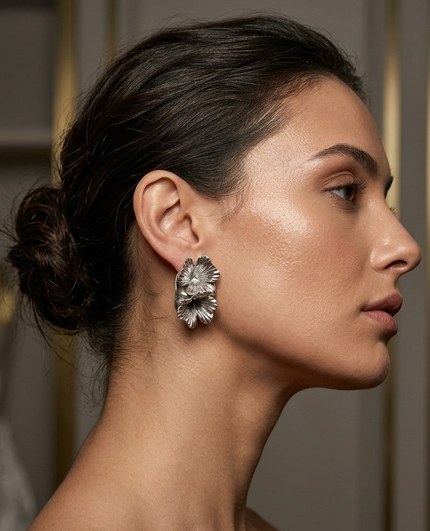 Floral Statement Earrings – Textured Petal Design — Silver — Photo 5