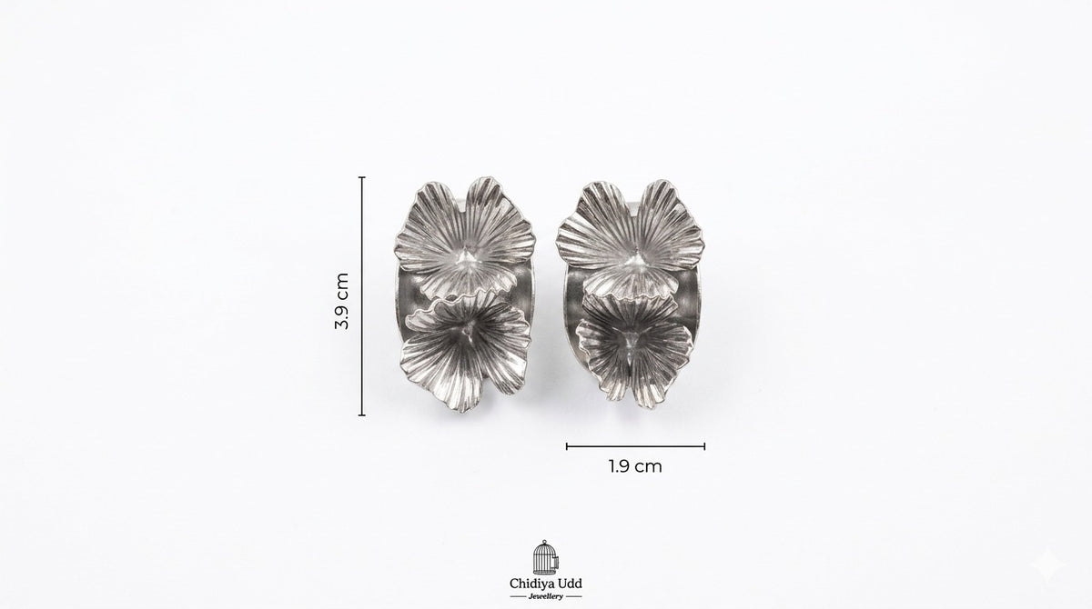 Floral Statement Earrings – Textured Petal Design — Silver — Photo 6