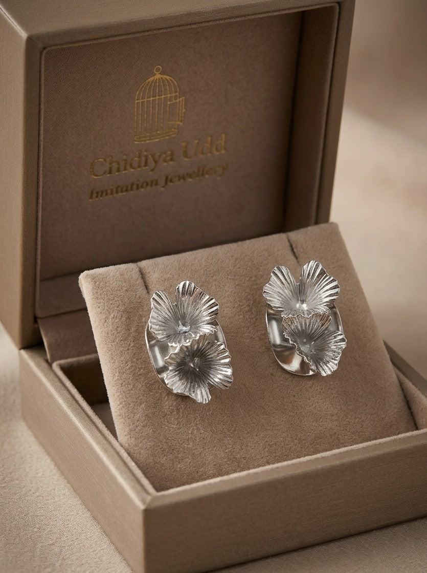 Floral Statement Earrings – Textured Petal Design — Silver — Photo 7