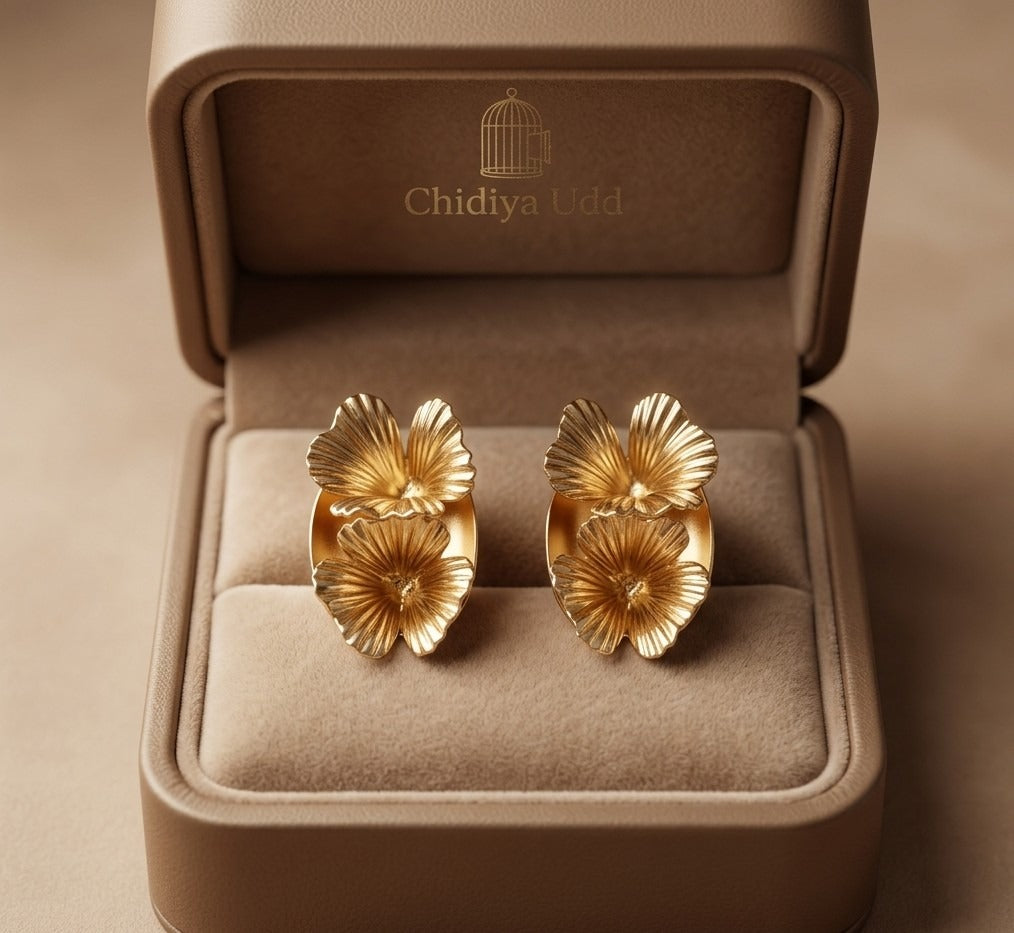 Floral Statement Earrings – Textured Petal Design — Gold — Photo 2