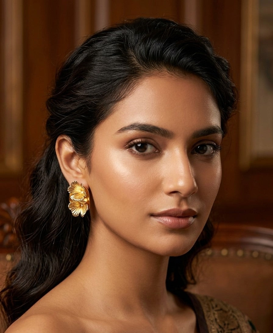 Floral Statement Earrings – Textured Petal Design — Gold — Photo 3