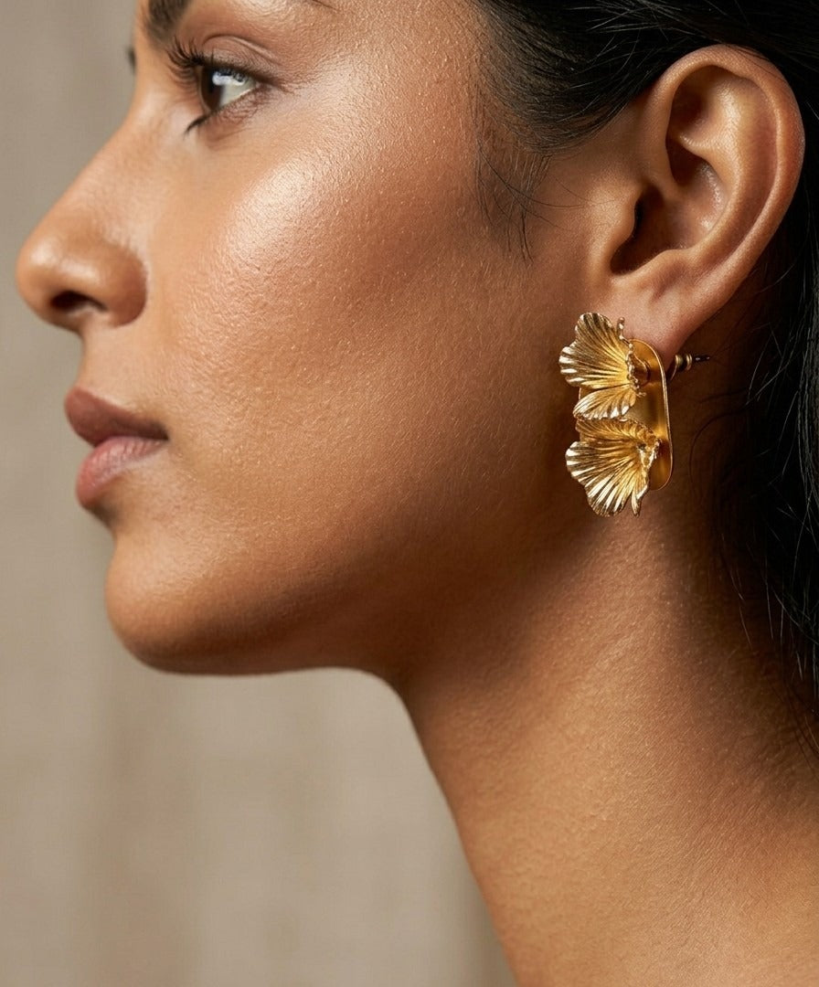 Floral Statement Earrings – Textured Petal Design — Gold — Photo 4