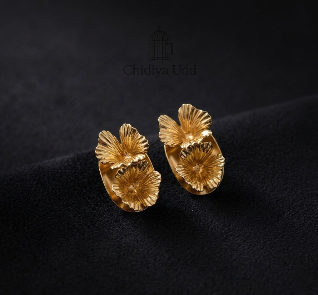 Floral Statement Earrings – Textured Petal Design — Gold — Photo 5