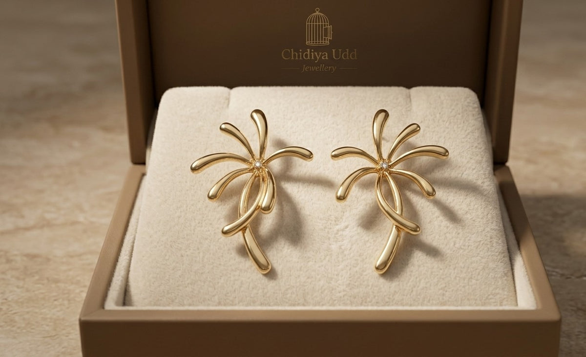 Floral Statement Earrings – Sculpted Petal Drop Design — Gold — Photo 6