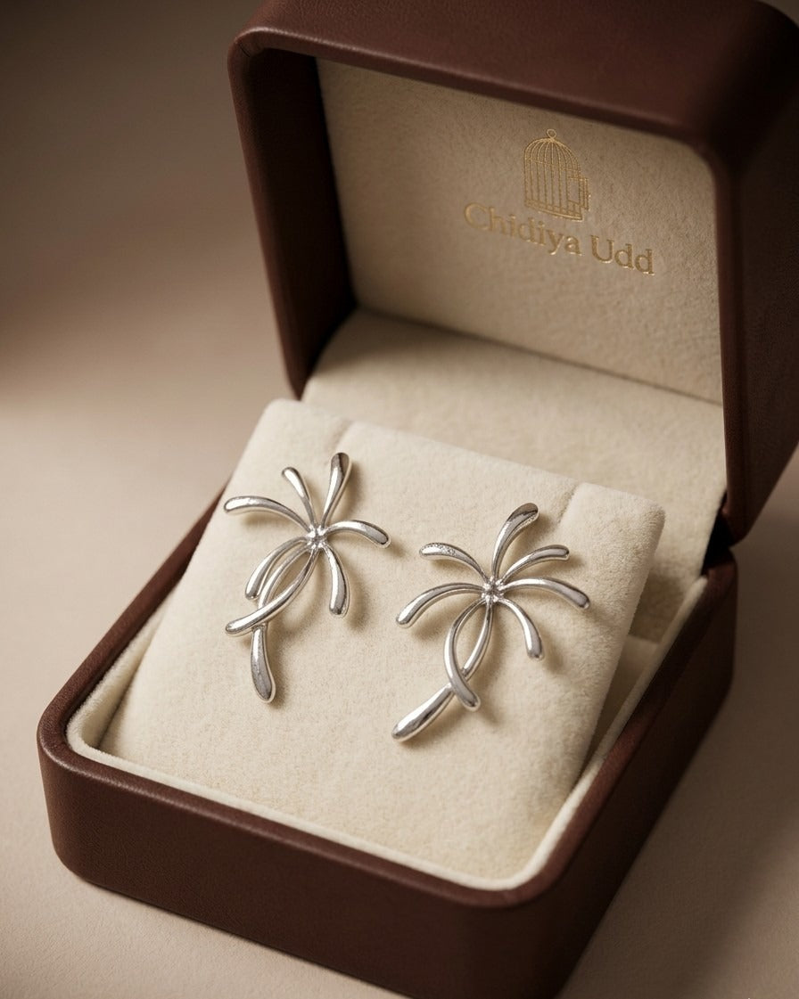 Floral Statement Earrings – Sculpted Petal Drop Design — Silver — Photo 2