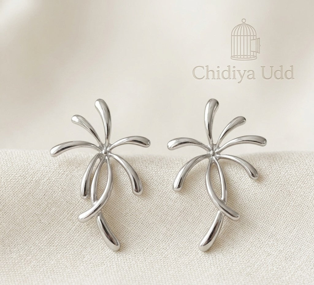 Floral Statement Earrings – Sculpted Petal Drop Design — Silver — Photo 4