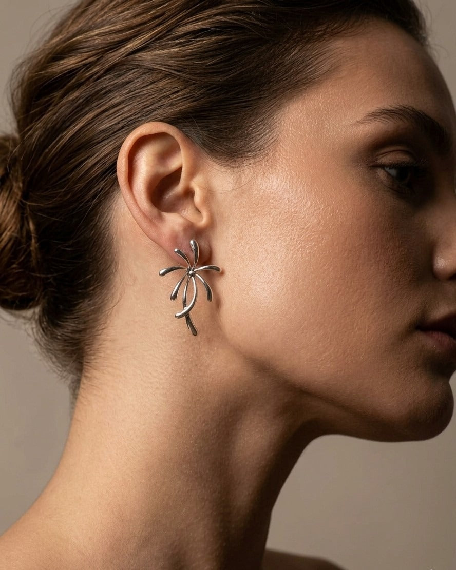 Floral Statement Earrings – Sculpted Petal Drop Design — Silver — Photo 6