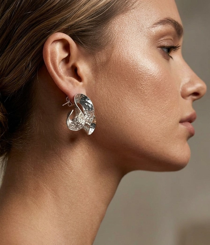 Hammered U-Shape Statement Earrings – Textured Open Design — Silver — Photo 3