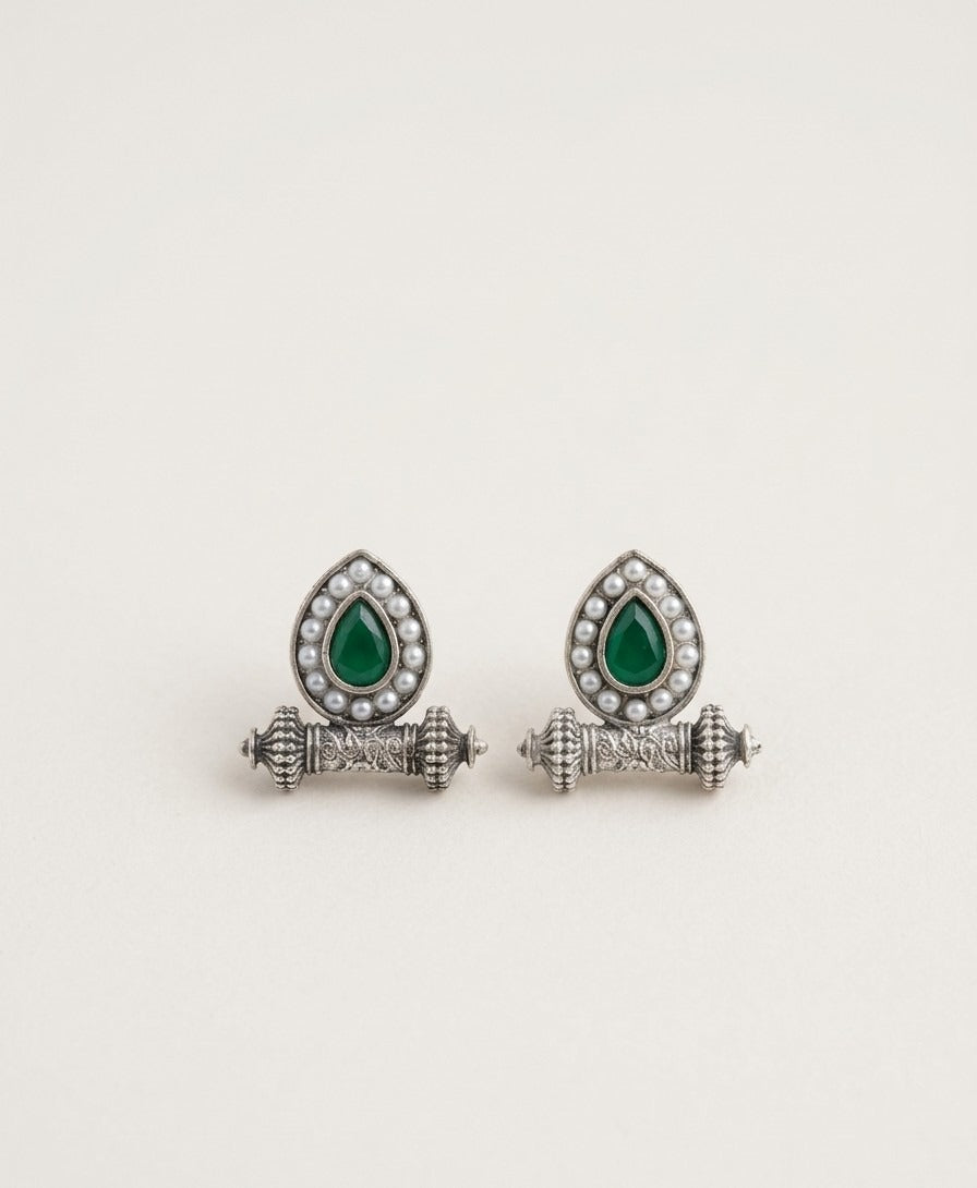 Silver Green Teardrop Pearl Stud Earrings – Ethnic Statement Design