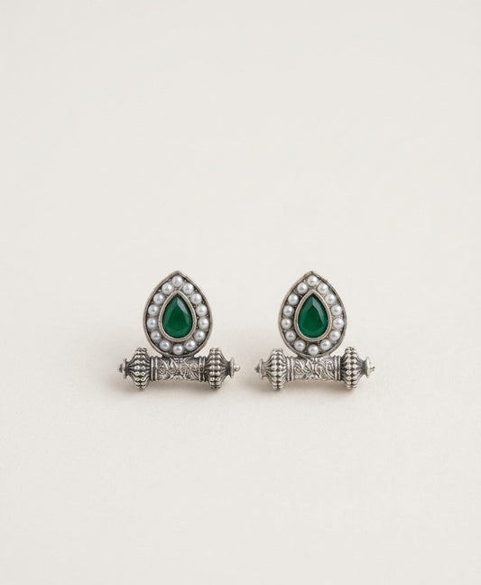 Silver Green Teardrop Pearl Stud Earrings – Ethnic Statement Design
