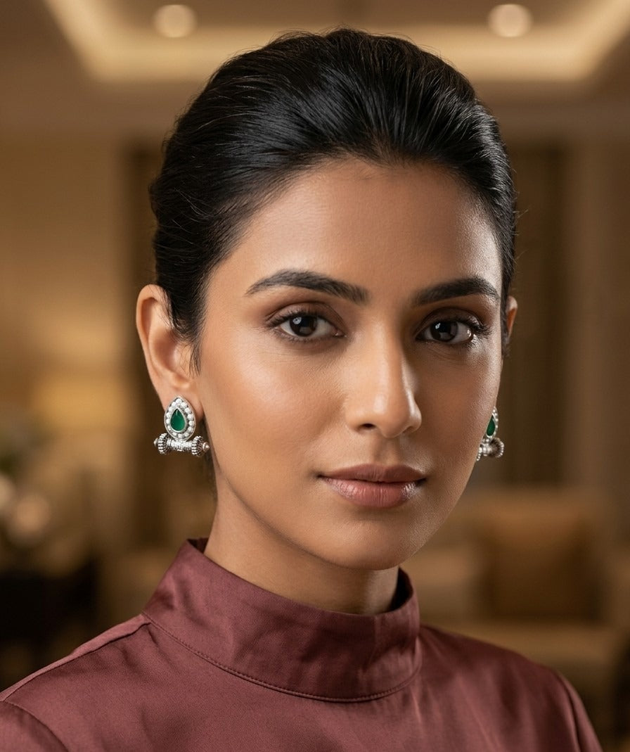 Silver Green Teardrop Pearl Stud Earrings – Ethnic Statement Design