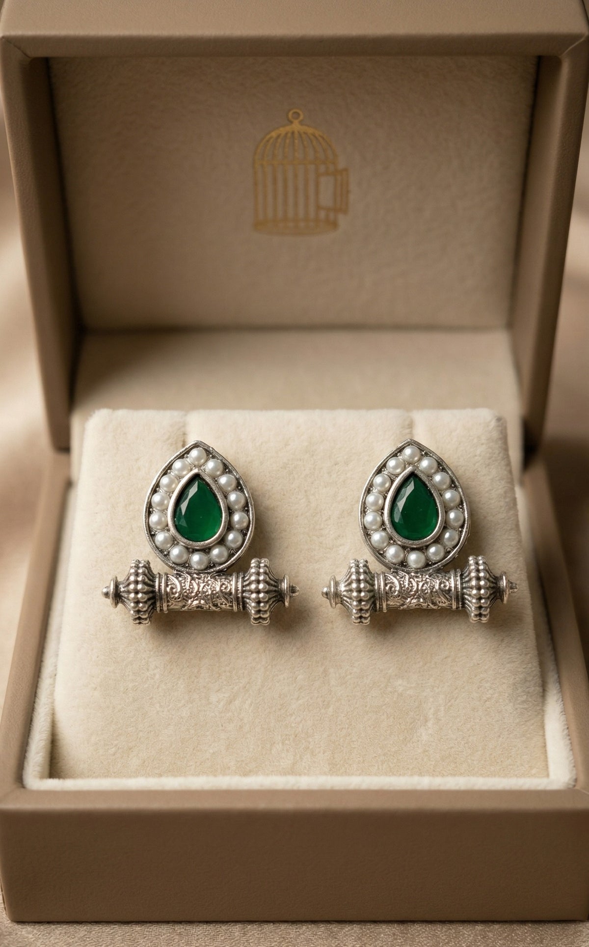 Silver Green Teardrop Pearl Stud Earrings – Ethnic Statement Design