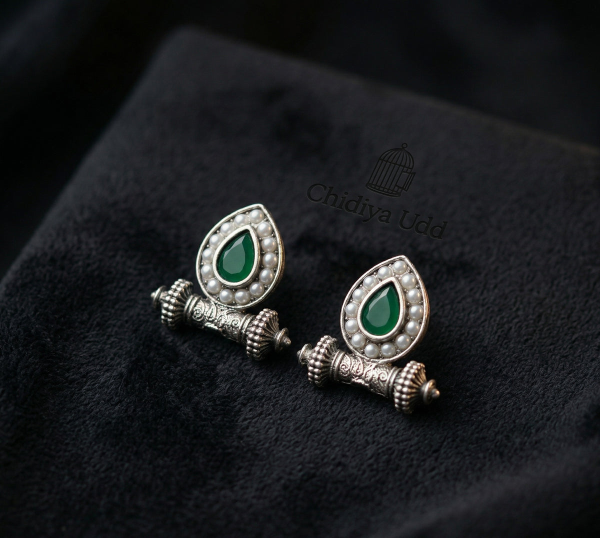 Silver Green Teardrop Pearl Stud Earrings – Ethnic Statement Design