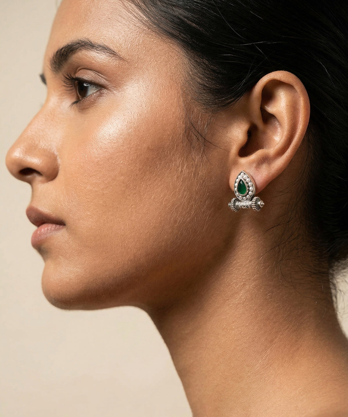 Silver Green Teardrop Pearl Stud Earrings – Ethnic Statement Design