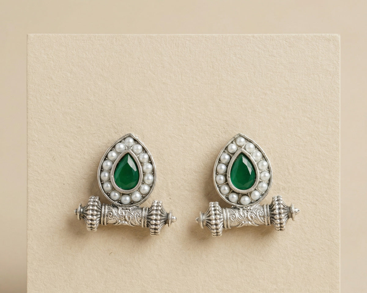 Silver Green Teardrop Pearl Stud Earrings – Ethnic Statement Design
