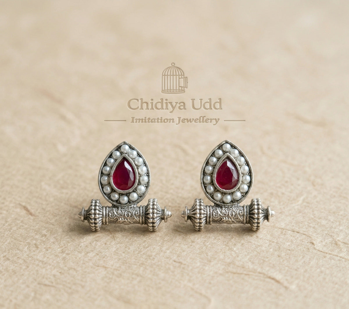 Vintage Teardrop Pearl Statement Earrings – Ethnic Design — Ruby Red — Photo 6