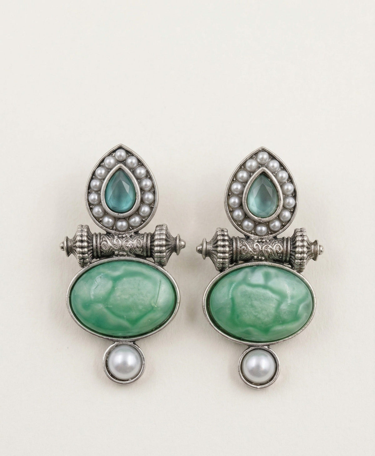 Layered Stone & Pearl Statement Earrings – Traditional Design — Green — Photo 1