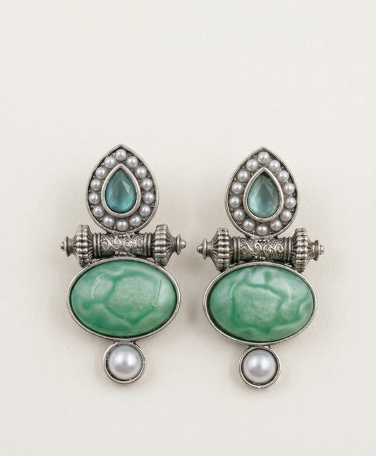 Layered Stone & Pearl Statement Earrings – Traditional Design — Green — Photo 1